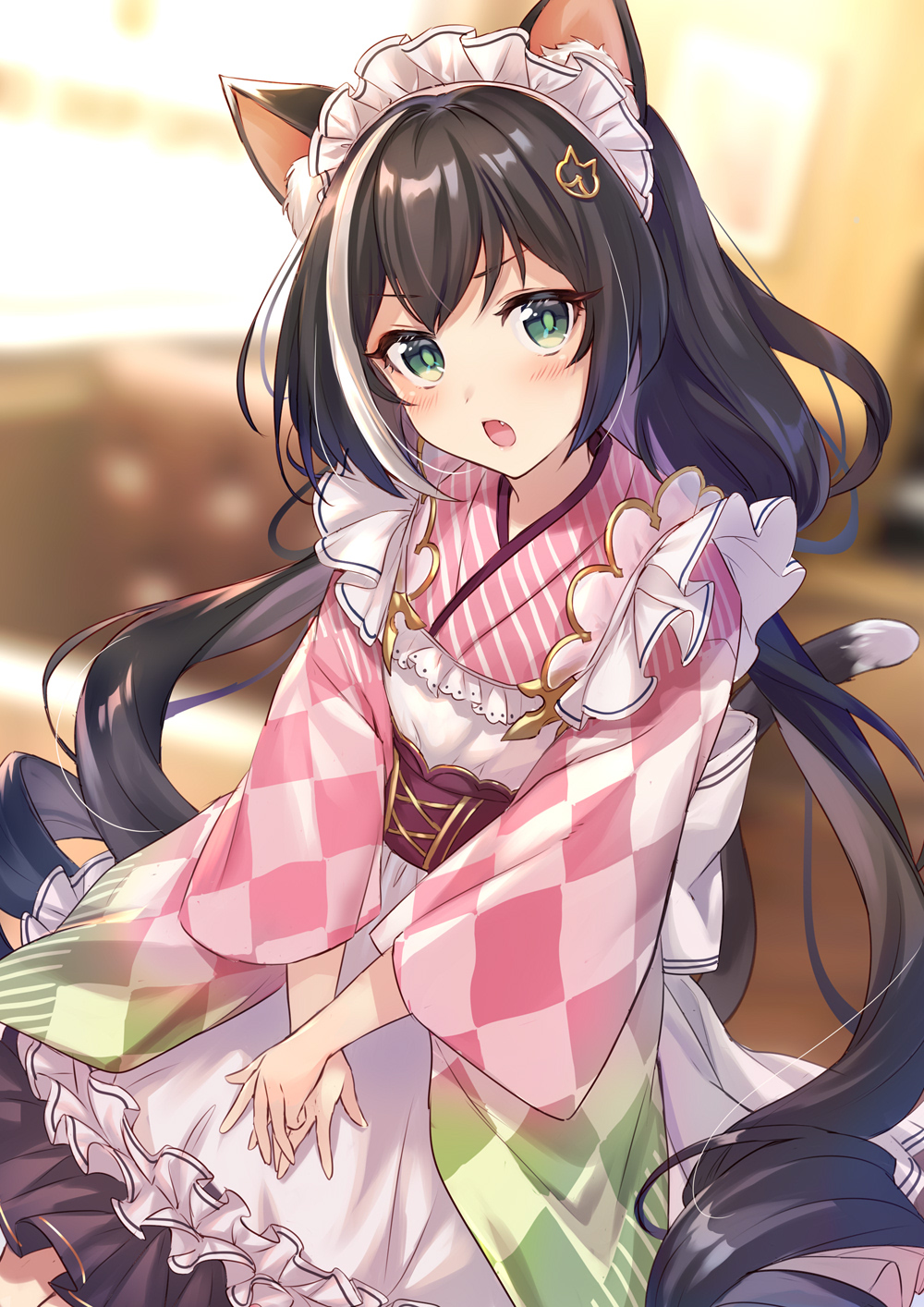 1girl, animal_ear_fluff, animal_ears, apron, black_hair, blurry, blurry_background, blush, cat_ears, cat_girl, cat_hair_ornament, cat_tail, checkered_clothes, checkered_kimono, commentary, depth_of_field, fang, female_focus, frilled_apron, frills, green_eyes, hair_between_eyes, hair_ornament, highres, indoors, japanese_clothes, karyl_(princess_connect!), kimono, long_hair, long_sleeves, looking_at_viewer, low_twintails, maid, maid_apron, maid_headdress, multicolored_hair, open_mouth, own_hands_together, pink_kimono, princess_connect!, solo, streaked_hair, tail, twintails, very_long_hair, wa_maid, white_apron, white_hair, wide_sleeves, zof_(kinokoruru)