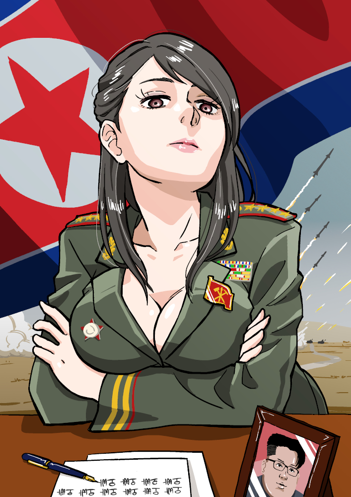 1girl, black_hair, breast_rest, breasts, brown_eyes, cleavage, communism, crossed_arms
