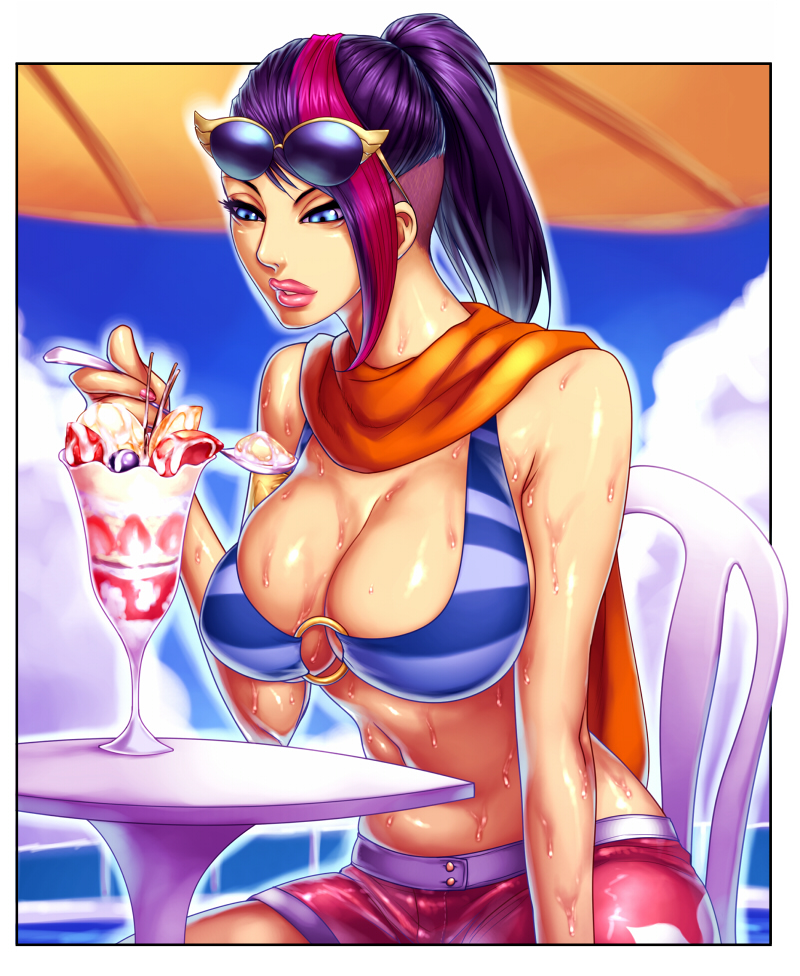 1girl, blue_eyes, breasts, cleavage, eyewear_on_head, female_focus, fiora_(league_of_legends), food