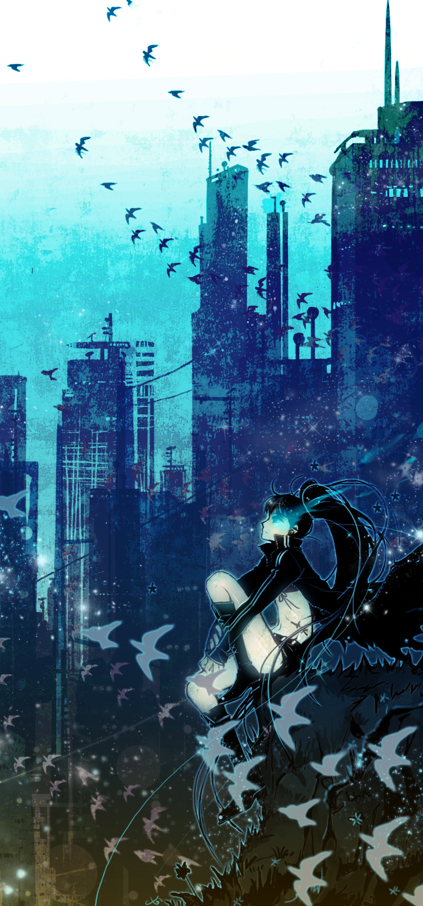 10s, 1girl, bikini, bikini_top_only, bird, black_hair, black_rock_shooter, black_rock_shooter_(character)