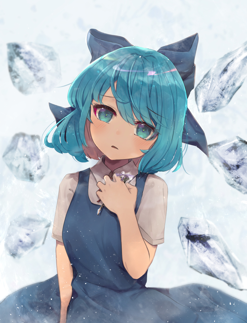 1girl, absurdres, between_legs, blue_dress, blue_eyes, blue_hair, blush, cirno