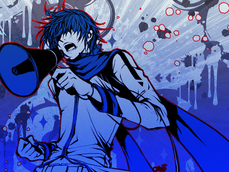 1boy, blue_hair, blue_scarf, cyan, cyan_(nerve), kaito_(vocaloid), koi_wa_sensou_(vocaloid), male_focus, megaphone, no_eyes, open_mouth, scarf, short_hair, solo, vocaloid