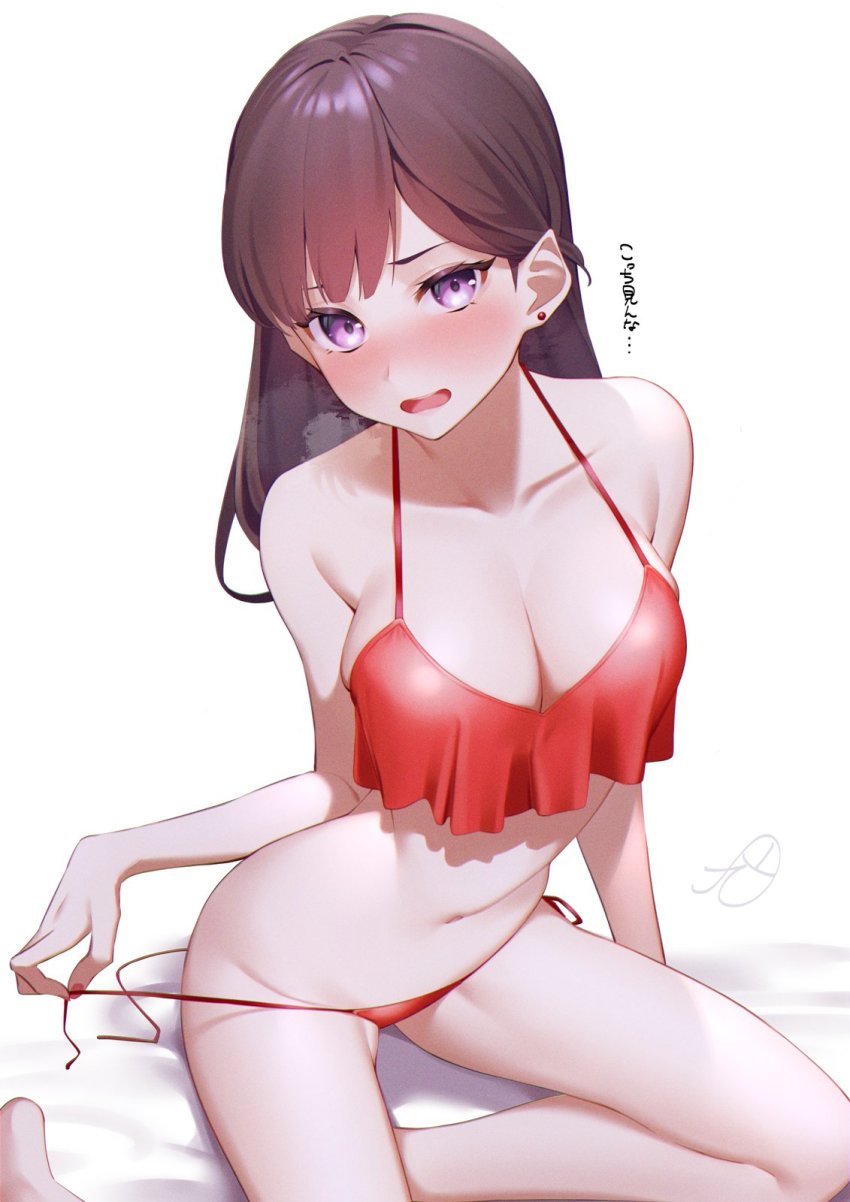 1girl, bikini, bikini_pull, blush, breasts, brown_hair, cleavage, clothes_pull