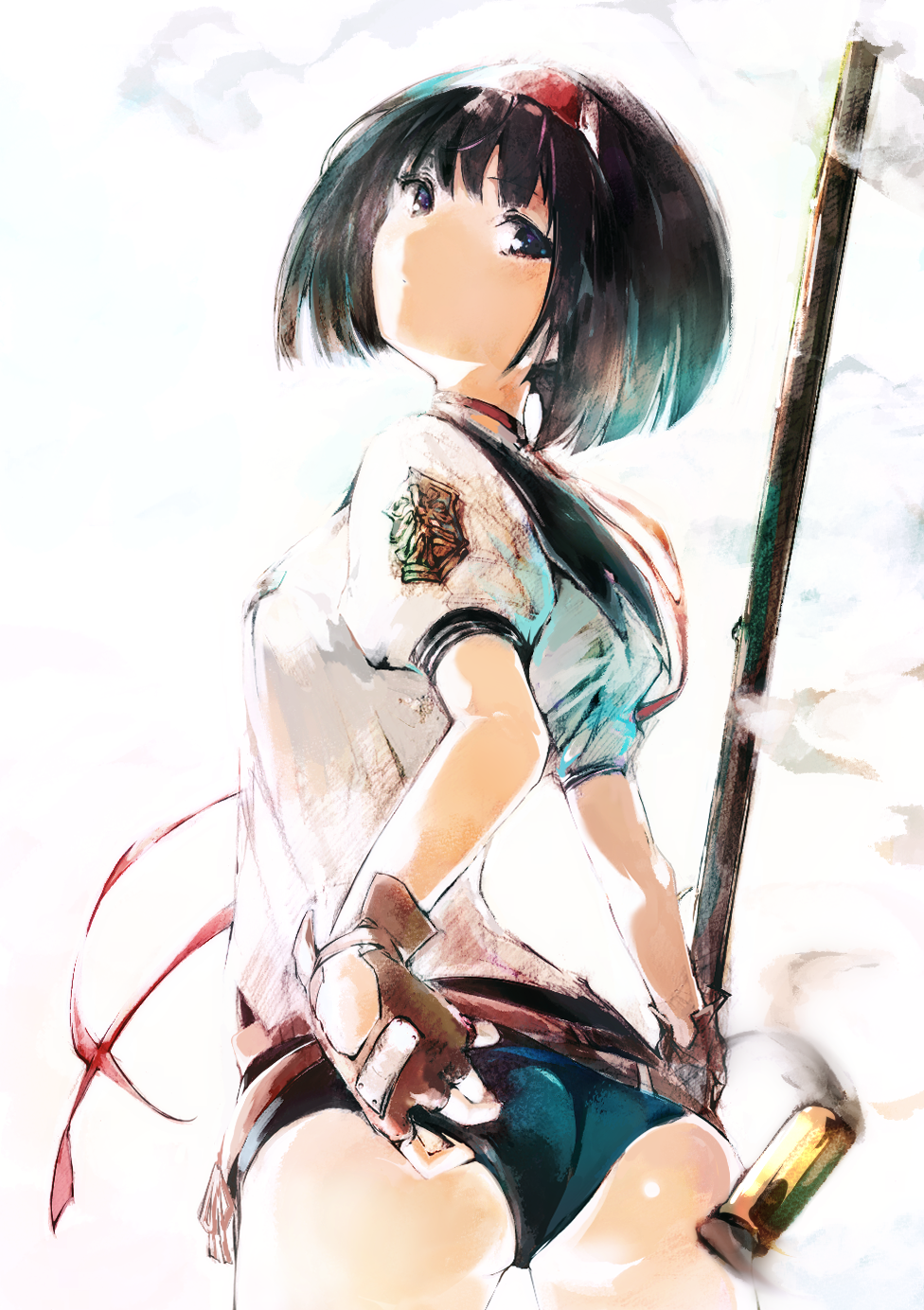 1girl, ass, bad_id, bad_pixiv_id, black_eyes, black_hair, brown_gloves, clip_studio_paint_(medium)