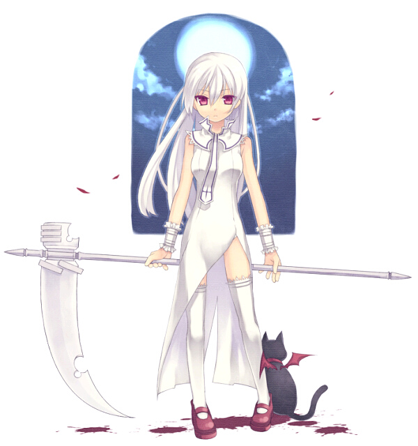 00s, 1girl, al, bad_id, bad_pixiv_id, bare_shoulders, black_cat, blood, cat, daniel, daniel_(shinigami_no_ballad), dress, long_hair, mary_janes, momo_(shinigami_no_ballad), moon, mugura, necktie, red_eyes, scythe, shinigami_no_ballad, shoes, standing, thighhighs, white_dress, white_hair, white_thighhighs, wings, wristband