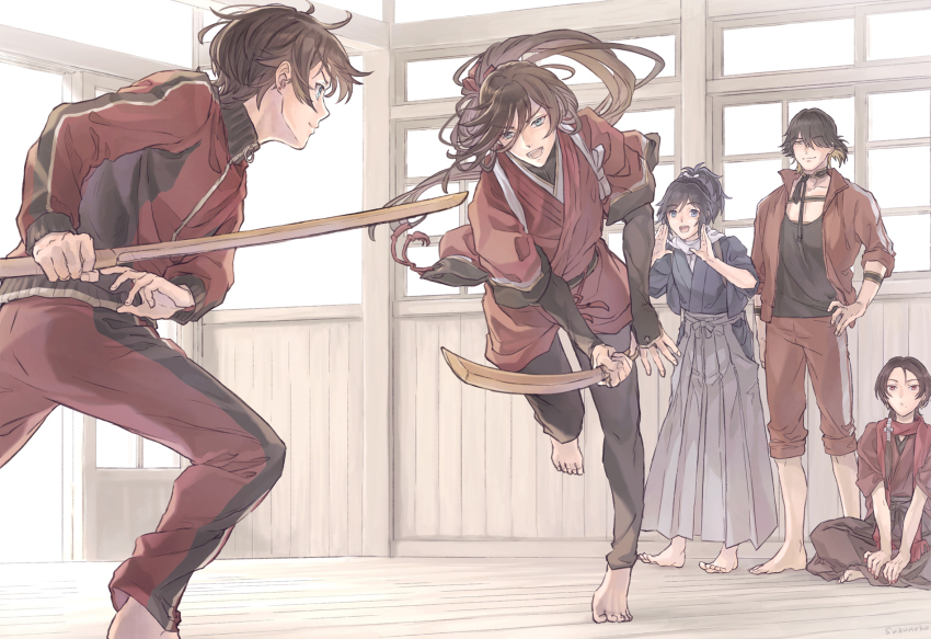 5boys, :d, barefoot, black_hair, blonde_hair, blue_eyes, brown_hair, clip_studio_paint_(medium), earrings, hair_over_one_eye, hakama, hakama_skirt, hand_on_own_hip, highres, horikawa_kunihiro, indian_style, izumi-no-kami_kanesada, japanese_clothes, jewelry, kashuu_kiyomitsu, male_focus, mole, mole_under_eye, mole_under_mouth, multicolored_hair, multiple_boys, nagasone_kotetsu, nail_polish, open_mouth, photoshop_(medium), ponytail, red_eyes, red_nails, red_scarf, running, scarf, shinsengumi_swords_(touken_ranbu), sitting, skirt, smile, stud_earrings, suzuneko-rin, sword, touken_ranbu, track_suit, two-tone_hair, weapon, white_scarf, wooden_floor, wooden_sword, yamato-no-kami_yasusada, yellow_eyes