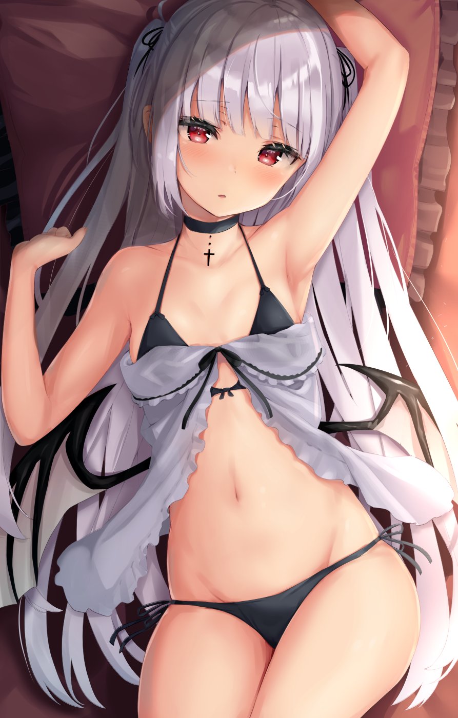 1girl, arm_up, armpits, babydoll, bad_id, bad_twitter_id, bare_arms, bare_shoulders, bikini, bikini_under_clothes, black_bikini, black_choker, breasts, choker, collarbone, cross, demon_wings, female_focus, grey_babydoll, groin, halterneck, hand_up, highres, long_hair, looking_at_viewer, lying, mini_wings, navel, on_back, original, parted_lips, pillow, red_eyes, reinama, side-tie_bikini_bottom, silver_hair, small_breasts, solo, stomach, string_bikini, swimsuit, thighs, two_side_up, very_long_hair, wings