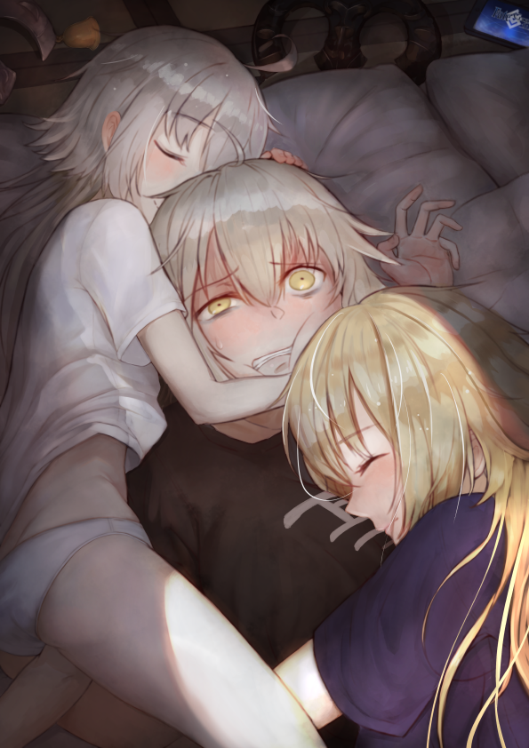 3girls, bell, black_shirt, blonde_hair, blush, cellphone, clenched_teeth, clip_studio_paint_(medium), closed_eyes, fate/grand_order, fate_(series), hair_between_eyes, hug, jeanne_d'arc_(fate), jeanne_d'arc_(ruler)_(fate), jeanne_d'arc_alter_(avenger)_(fate), jeanne_d'arc_alter_(fate), jeanne_d'arc_alter_santa_lily_(fate), long_hair, lying, mugiwara_boushi_(a26666221), multiple_girls, on_back, on_bed, on_side, panties, phone, pillow, purple_shirt, shirt, silver_hair, smartphone, smile, sweatdrop, t-shirt, teeth, underwear, unworn_headwear, white_panties, white_shirt, yellow_eyes