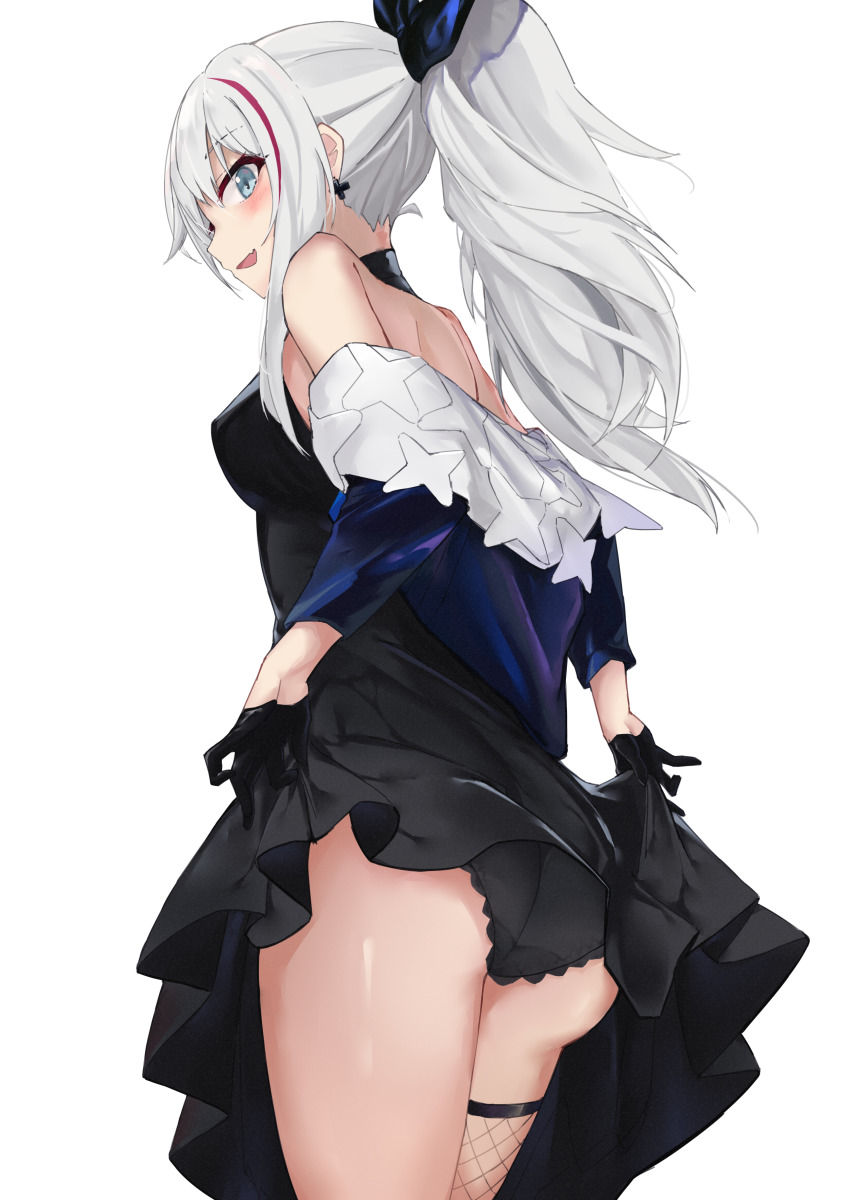 0shino, 1girl, absurdres, ass, back, bare_shoulders, black_dress, black_gloves