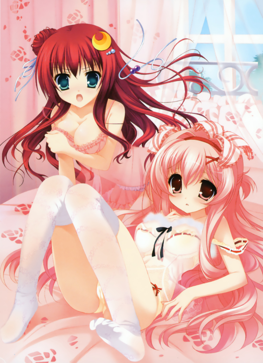 00s, 11eyes, 2girls, azuma_shione, bed, blue_eyes, crescent, crescent_hair_ornament