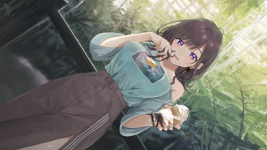 1girl, absurdres, armpit_peek, bare_shoulders, botanical_garden, breasts, brown_hair, brown_skirt, collarbone, commentary, cowboy_shot, cup, disposable_cup, drinking_straw, dutch_angle, earrings, eyelashes, female_focus, fingernails, garden, green_shirt, hands_up, highres, holding, holding_cup, indoors, jewelry, large_breasts, lips, long_sleeves, looking_at_viewer, medium_hair, nail_polish, off-shoulder_shirt, off_shoulder, original, parted_bangs, parted_lips, plant, playing_with_hair, print_shirt, purple_eyes, red_nails, shirt, shirt_tucked_in, side_slit, sidelocks, sinomi, skirt, smoothie, solo, standing, water, waterfall, wide_sleeves
