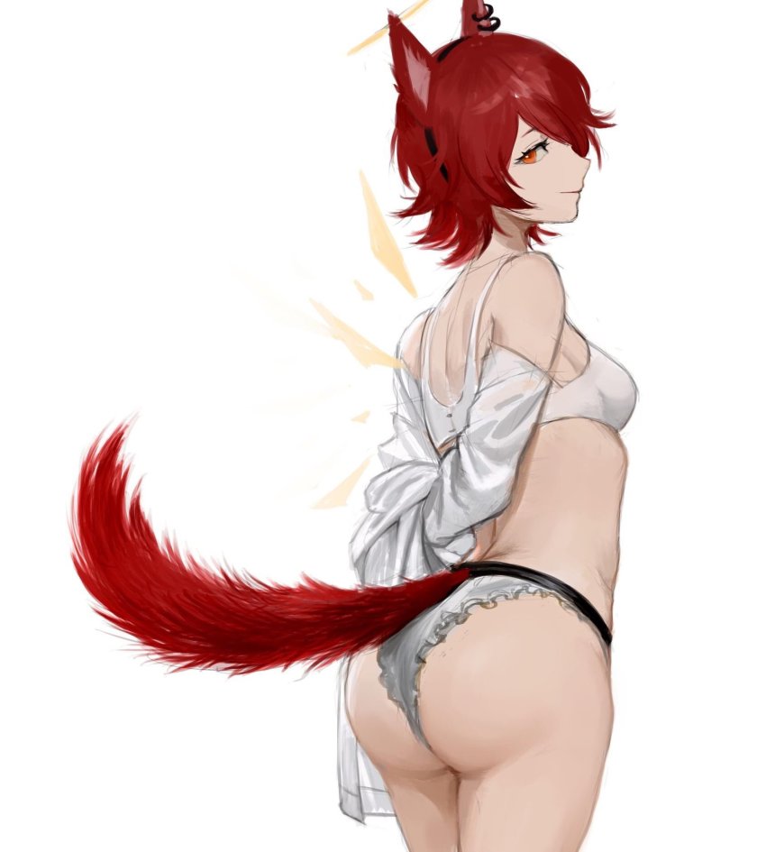 1girl, animal_ears, arknights, arms_behind_back, ass, back, bare_legs, bra, breasts, closed_mouth, commentary, cowboy_shot, detached_wings, earrings, english_commentary, exusiai_(arknights), eyelashes, female_focus, from_side, hairband, halo, highres, jewelry, kemonomimi_mode, kupikuuu, looking_at_viewer, medium_breasts, off_shoulder, panties, parted_bangs, partially_undressed, profile, red_eyes, red_hair, shirt, short_hair, simple_background, smile, solo, tail, thighs, underwear, white_background, white_bra, white_panties, white_shirt, wings, wolf_ears, wolf_tail