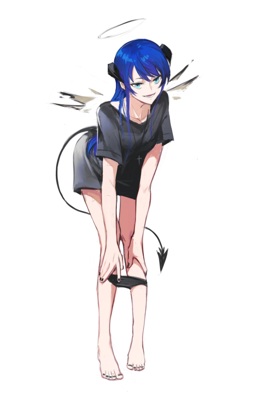 1girl, alternate_costume, aqua_eyes, arknights, bare_legs, barefoot, bent_over, black_nails, black_panties, black_shirt, blue_hair, breasts, casual, commentary, cross, cross_necklace, demon_horns, demon_tail, detached_wings, english_commentary, female_focus, full_body, halo, highres, horns, jewelry, kupikuuu, leaning_forward, long_hair, looking_at_viewer, medium_breasts, mostima_(arknights), nail_polish, necklace, open_mouth, panties, panty_pull, shirt, short_sleeves, simple_background, smile, solo, standing, t-shirt, tail, thighs, toenail_polish, toenails, underwear, white_background, wings