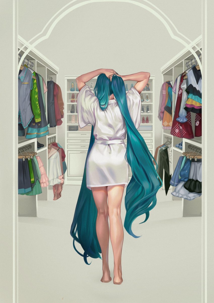 1girl, absurdres, adjusting_hair, aqua_hair, arms_up, bare_legs, barefoot, bathrobe