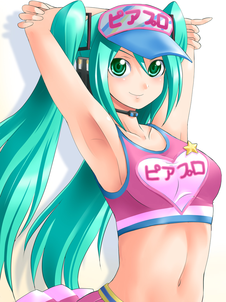 1girl, aqua_hair, armpits, arms_up, cheerleader, female_focus, green_eyes, hatsune_miku, hatsune_miku_(cheer), headset, long_hair, midriff, navel, project_diva, project_diva_(series), skirt, smile, solo, tank_top, twintails, visor, visor_cap, vocaloid, yaso_shigeru
