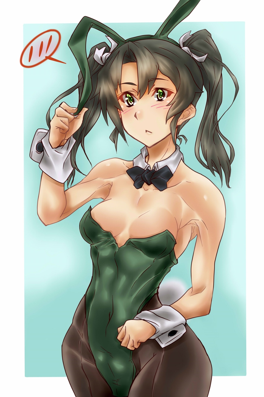 1girl, animal_ears, bare_shoulders, black_hair, blush, bow, bowtie, breasts