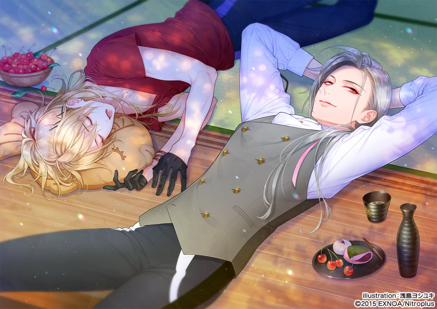 2boys, arms_behind_head, asajima_yoshiyuki, black_gloves, blonde_hair, cherry, closed_eyes, daihannya_nagamitsu_(touken_ranbu)