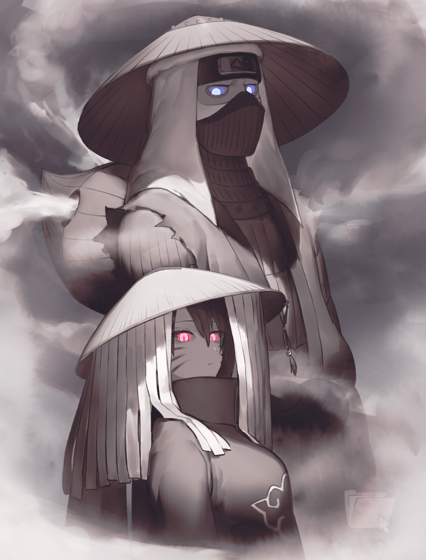 1boy, 1girl, akatsuki_(naruto), akatsuki_uniform, bad_id, bad_pixiv_id, black_headband, blue_eyes