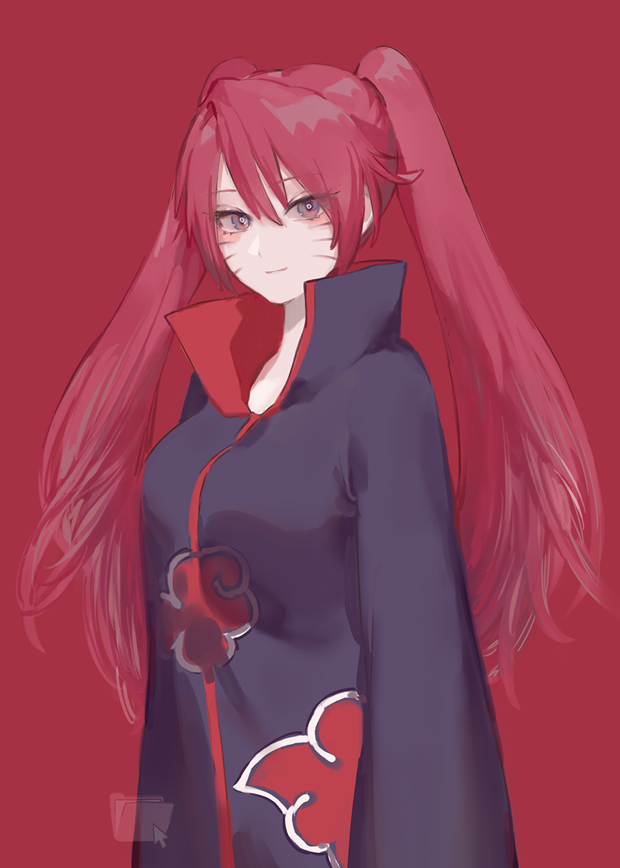 1girl, akatsuki_(naruto), akatsuki_uniform, black_coat, blush, closed_mouth, coat, eyes_visible_through_hair, facial_mark, female_focus, file-mei, genderswap, genderswap_(mtf), grey_eyes, hair_between_eyes, highres, long_hair, naruko_(naruto), naruto_(classic), naruto_(series), naruto_shippuuden, red_background, road_to_ninja:_naruto_the_movie, simple_background, smile, solo, twintails, uzumaki_naruto, whisker_markings