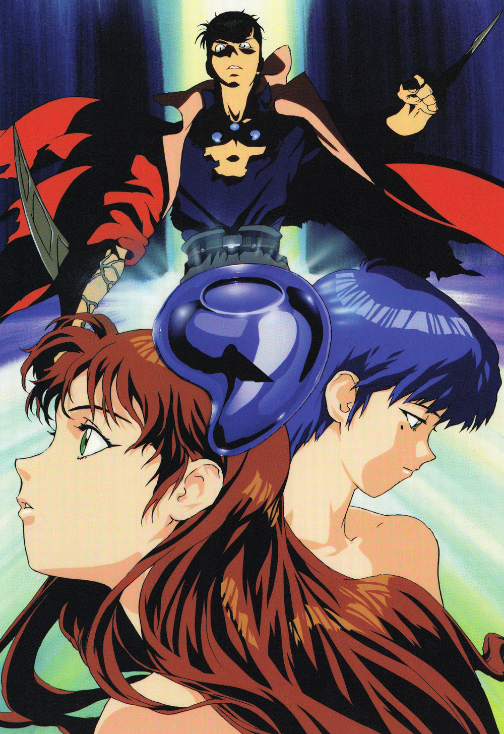 1990s_(style), 1boy, 2girls, blue_hair, blue_seed, brown_hair, fujimiya_momiji, green_eyes