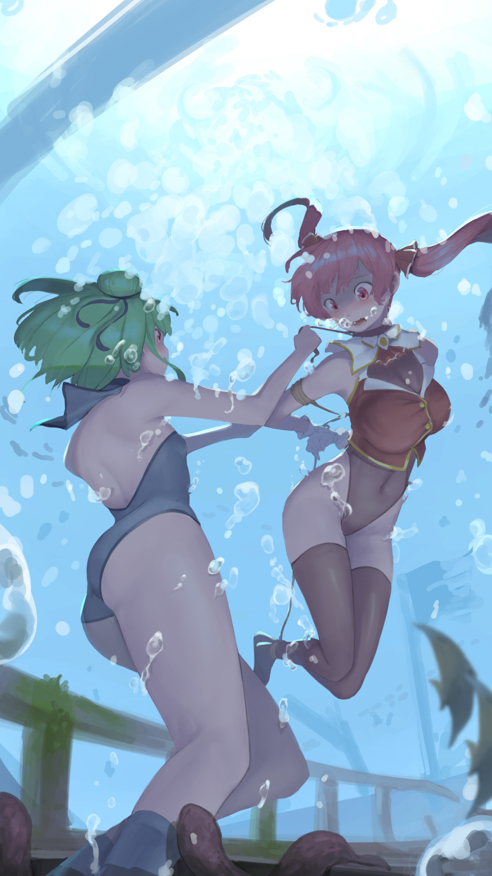 2girls, arms_behind_back, bare_back, bdsm, blowing_bubbles, bodysuit, bondage, bound, bound_arms, bubble, double_bun, fish, floating_hair, hair_bun, highres, hololive, houshou_marine, multiple_girls, rou_(rou22), shipwreck, tentacles, thighhighs, twintails, underwater, uruha_rushia, virtual_youtuber