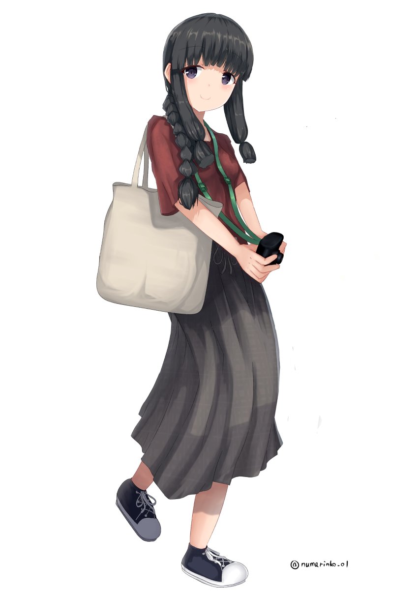 1girl, absurdres, bad_id, bad_twitter_id, black_hair, black_shoes, blunt_bangs, blush