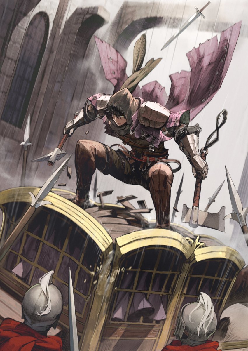 1boy, armor, axe, battle, belt, black_hair, cloak, dual_wielding