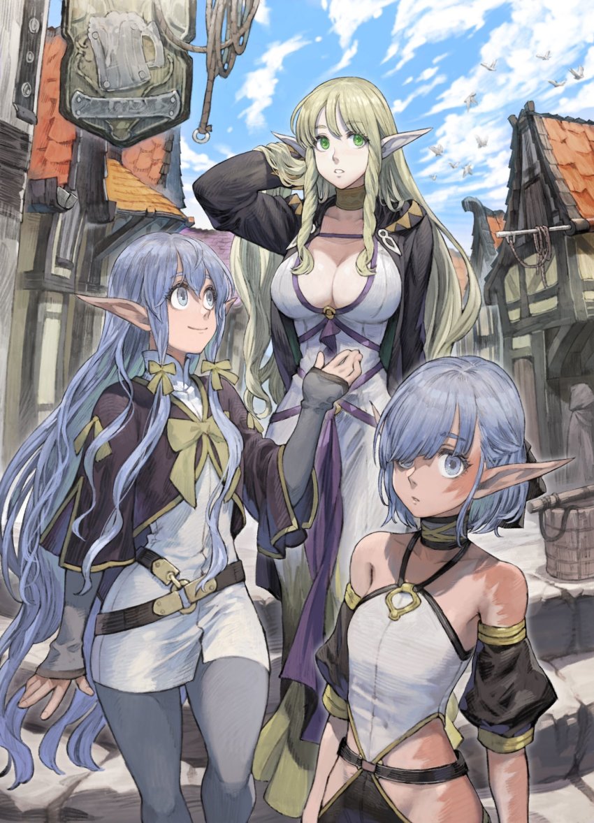 3girls, antelise_antik, blonde_hair, blue_eyes, blue_hair, blush, breasts, caria_elfuur, cleavage, cleavage_cutout, clothing_cutout, commentary_request, elf, facial_scar, fantasy, female_focus, green_eyes, highres, isekai_mokushiroku_mynoghra, jun_(navigavi), large_breasts, long_hair, looking_at_viewer, maria_elfuur, multiple_girls, official_art, outdoors, pointy_ears, scar, scar_on_cheek, scar_on_face, scared, short_hair, siblings, sisters, sky, small_breasts, smile, textless_version