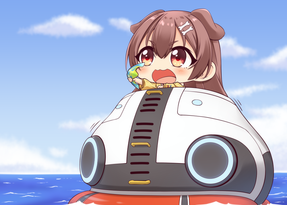 1girl, :d, animal_ears, blue_sky, blush, bone_hair_ornament, boomerang_(subnautica), brown_eyes, brown_hair, cartoon_bone, chibi, clip_studio_paint_(medium), cloud, commentary_request, day, dog_ears, female_focus, fish, hair_between_eyes, hair_ornament, holding, hololive, horizon, inugami_korone, inugami_korone_(1st_costume), jacket, long_hair, ocean, open_mouth, outdoors, outstretched_arm, shachoo., sky, smile, solo, subnautica, v-shaped_eyebrows, virtual_youtuber, water, yellow_jacket