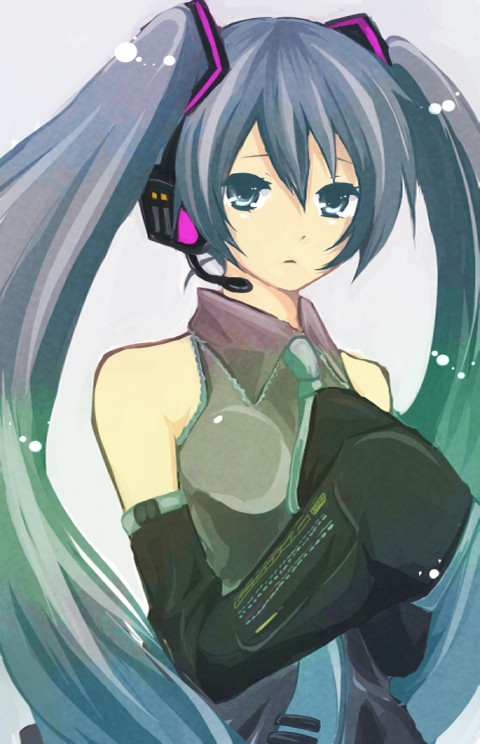 1girl, bad_id, bad_pixiv_id, blue_eyes, blue_hair, chako, chako_(chakoxxx), detached_sleeves, female_focus, hatsune_miku, headphones, headset, long_hair, matching_hair/eyes, necktie, solo, twintails, very_long_hair, vocaloid