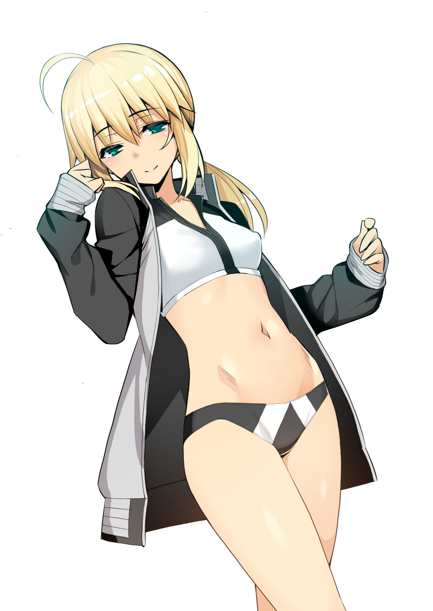 1girl, ahoge, artoria_pendragon_(fate), bikini, black_footwear, blonde_hair, breasts, collarbone