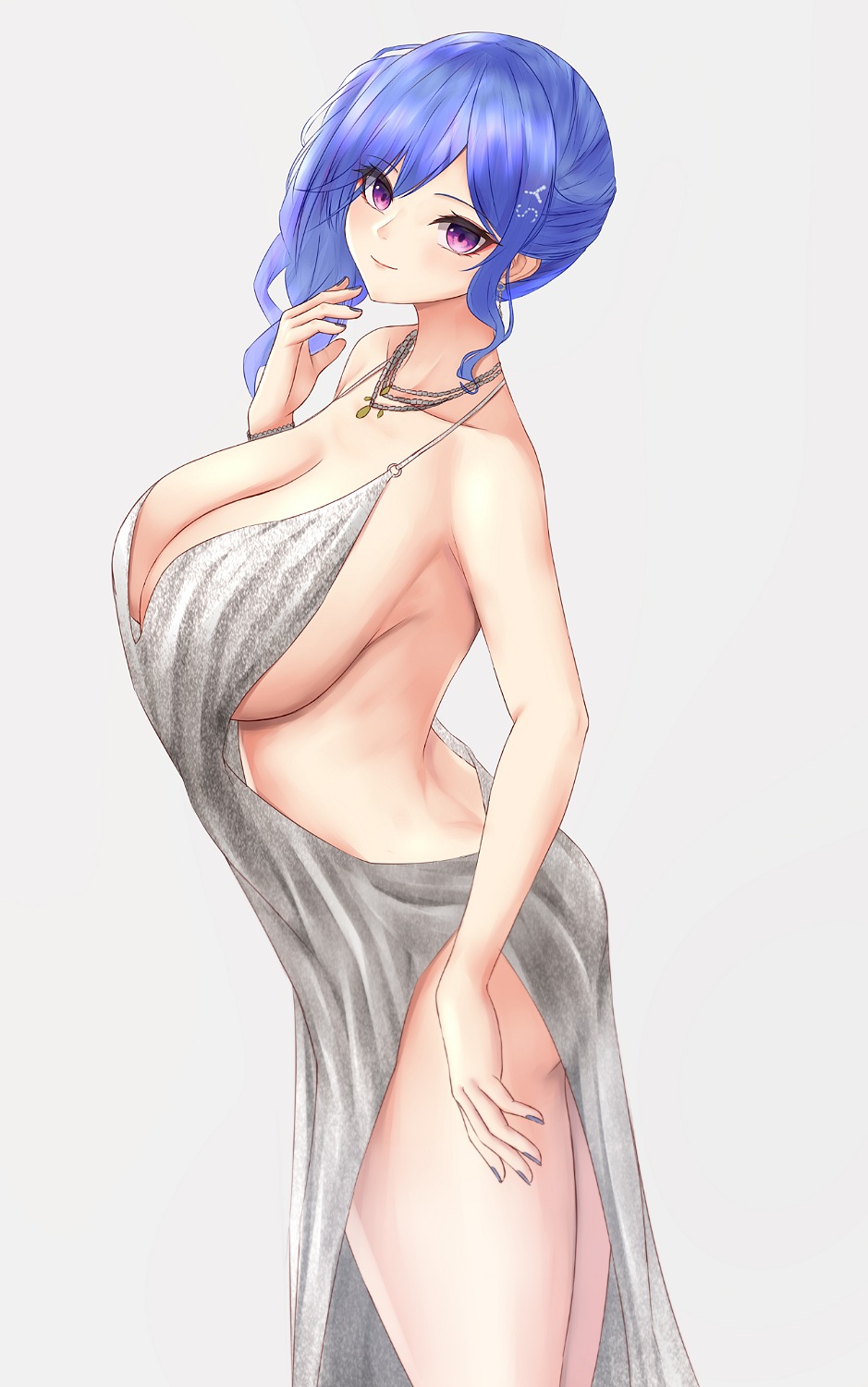 1girl, ass, azur_lane, backless_dress, backless_outfit, bare_shoulders, blue_hair, blue_nails