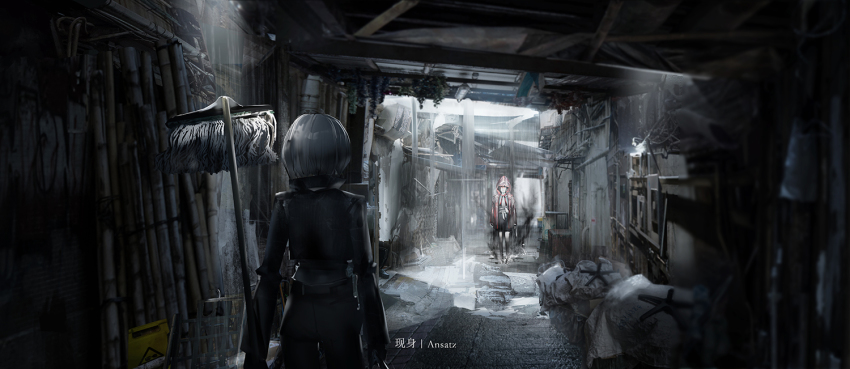 2girls, bad_id, bad_pixiv_id, commentary_request, hood, jacket, mop, multiple_girls