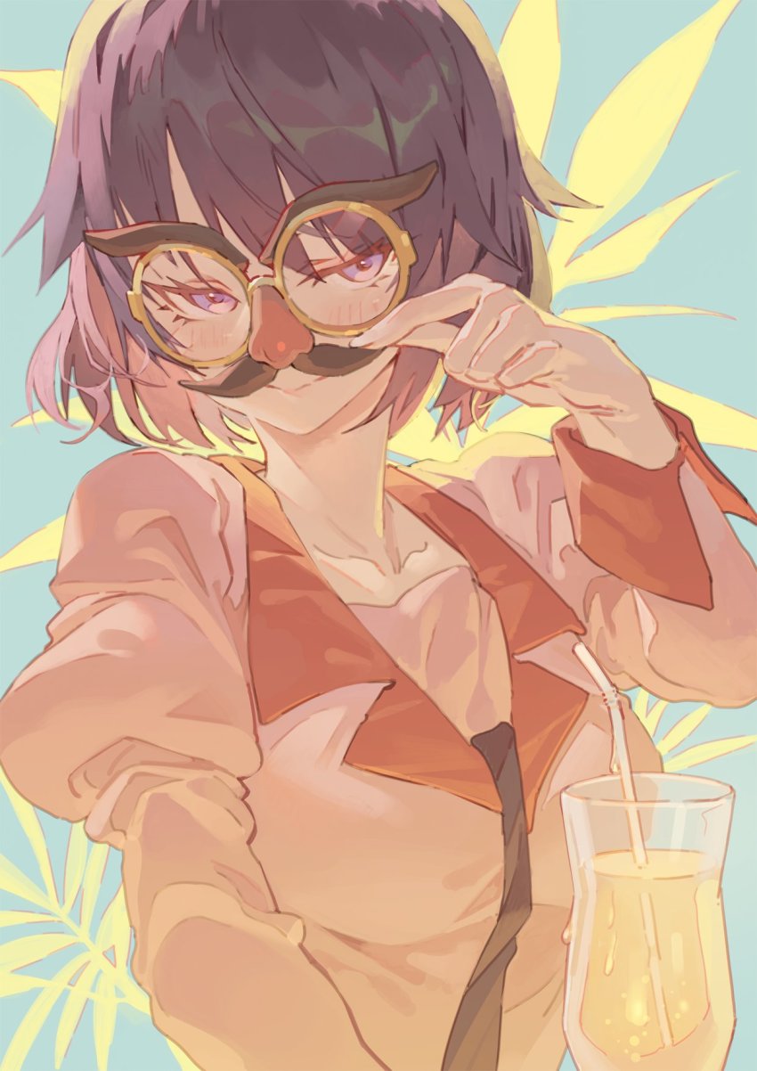 1girl, blouse, blue_background, blush, bob_cut, collarbone, commentary, condensation, cup, disguise, drink, drinking_glass, drinking_straw, fake_eyebrows, fake_facial_hair, fake_mustache, fake_nose, female_focus, fern, glasses, groucho_glasses, hand_on_own_face, highres, hurricane_glass, hxxg, juliet_sleeves, light_blush, light_smile, long_sleeves, looking_ahead, mask, monogatari_(series), naoetsu_high_school_uniform, necktie, pink_shirt, puffy_sleeves, purple_background, purple_hair, purple_necktie, school_uniform, senjougahara_hitagi, shirt, short_hair, solo, turning_head, upper_body