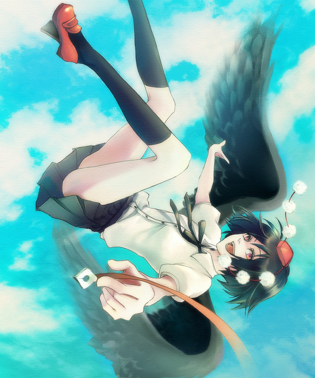 1girl, black_hair, black_wings, female_focus, geta, hat, koketarou, lepta