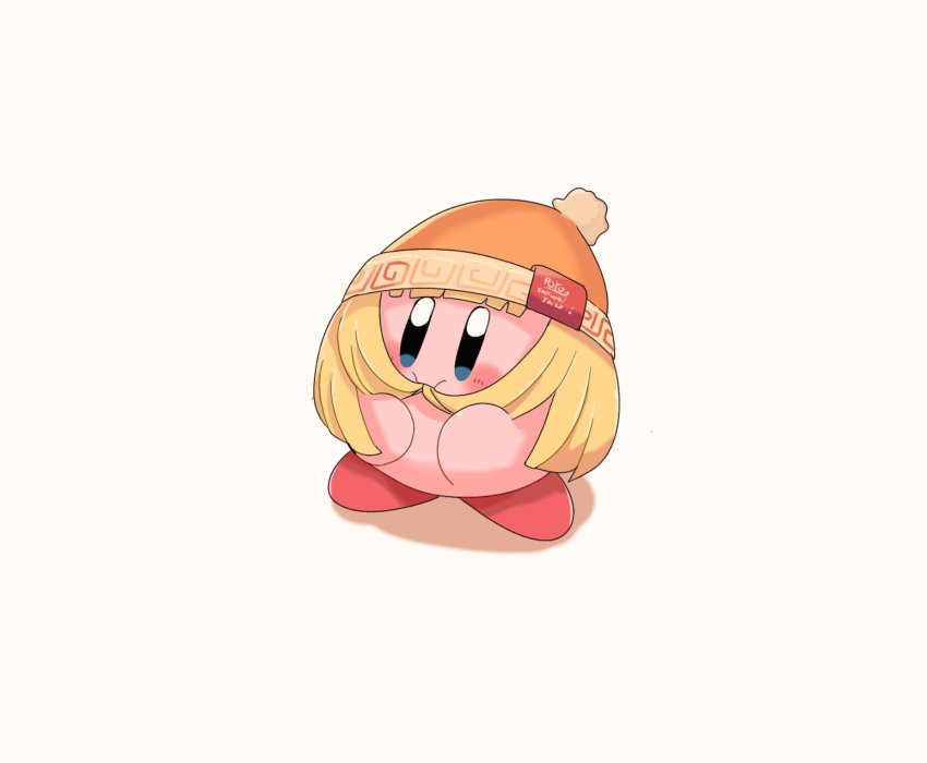 :i, beanie, blonde_hair, blue_eyes, blush_stickers, copy_ability, eating_hair, hat, highres, kirby, kirby_(series), meandros, nintendo, no_humans, orange_hat, pom_pom_(clothes), simple_background, solo, super_smash_bros., torasan, white_background