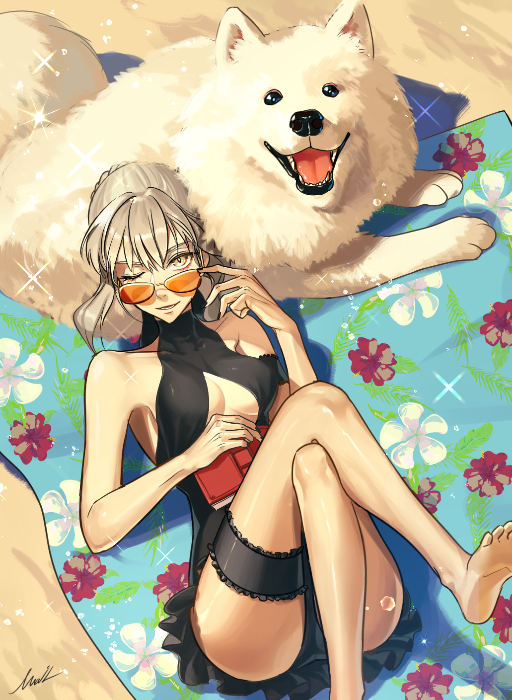 1girl, adjusting_eyewear, adjusting_glasses, artoria_pendragon_(fate), ass, bare_shoulders, beach, bikini