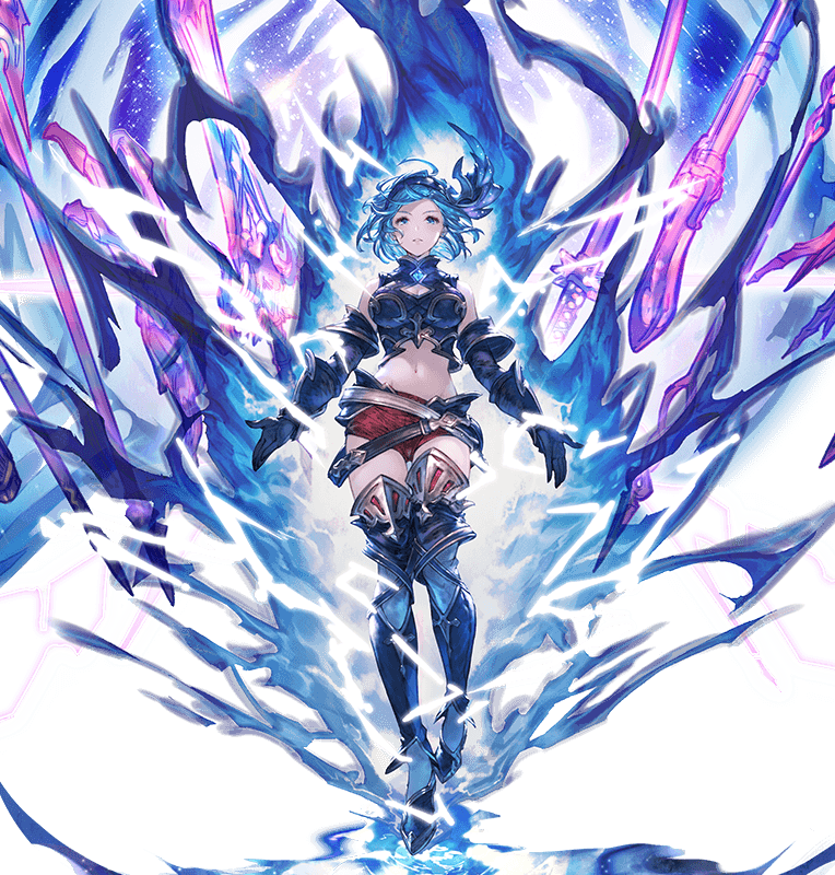 1girl, armor, black_armor, blue_eyes, blue_hair, bob_cut, breasts, cleavage, cleavage_cutout, clothing_cutout, crop_top, djeeta_(granblue_fantasy), electricity, floating_weapon, gauntlets, granblue_fantasy, guider_to_the_eternal_edge, lightning, midriff, minaba_hideo, navel, official_art, short_hair