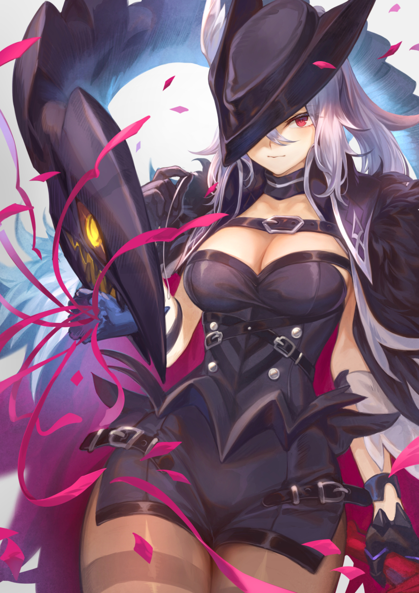 1girl, black_gloves, black_headwear, breasts, choker, gloves, hat, highres