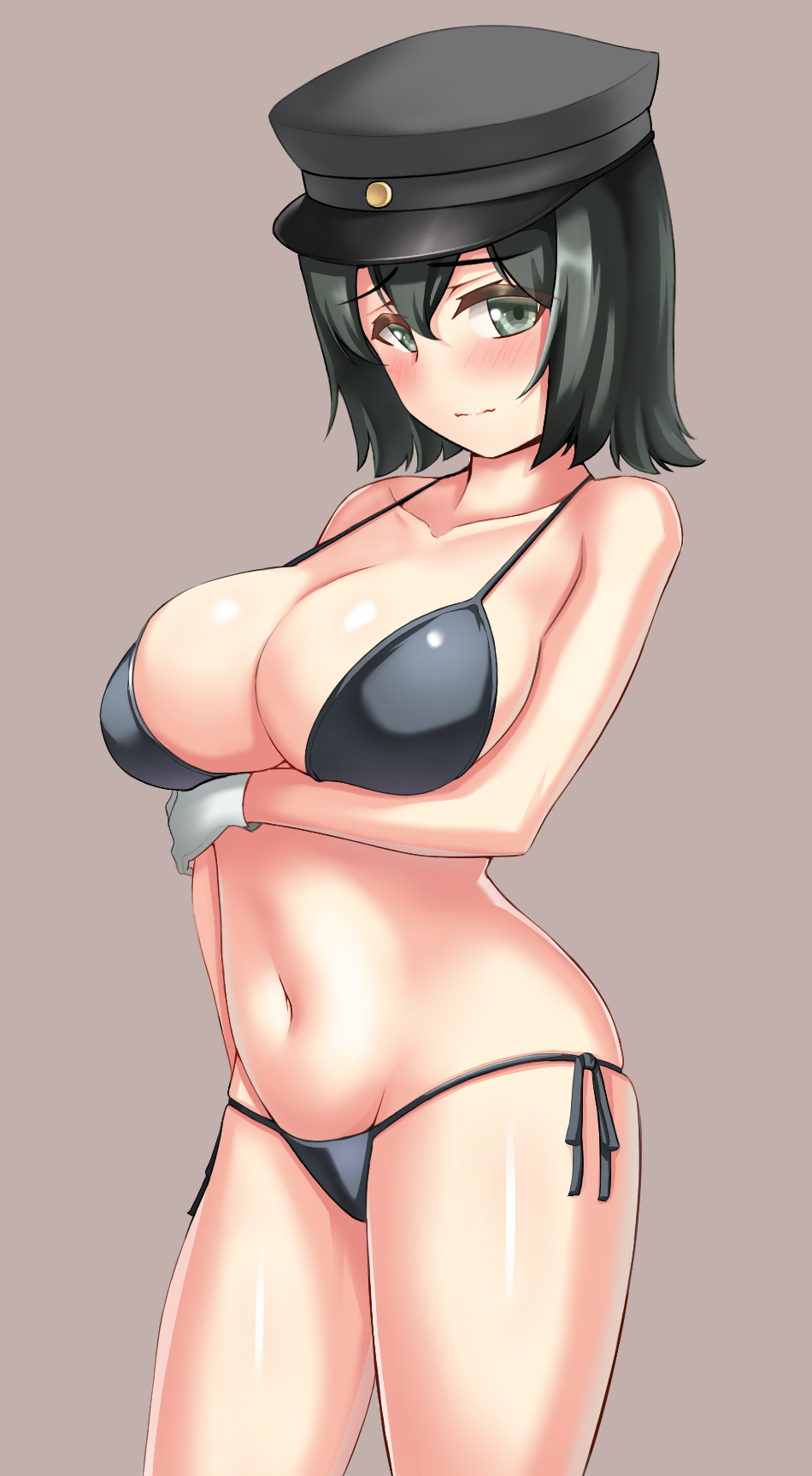 1girl, akitsu_maru_(kancolle), bad_id, bad_pixiv_id, bikini, black_bikini, black_eyes, black_hair
