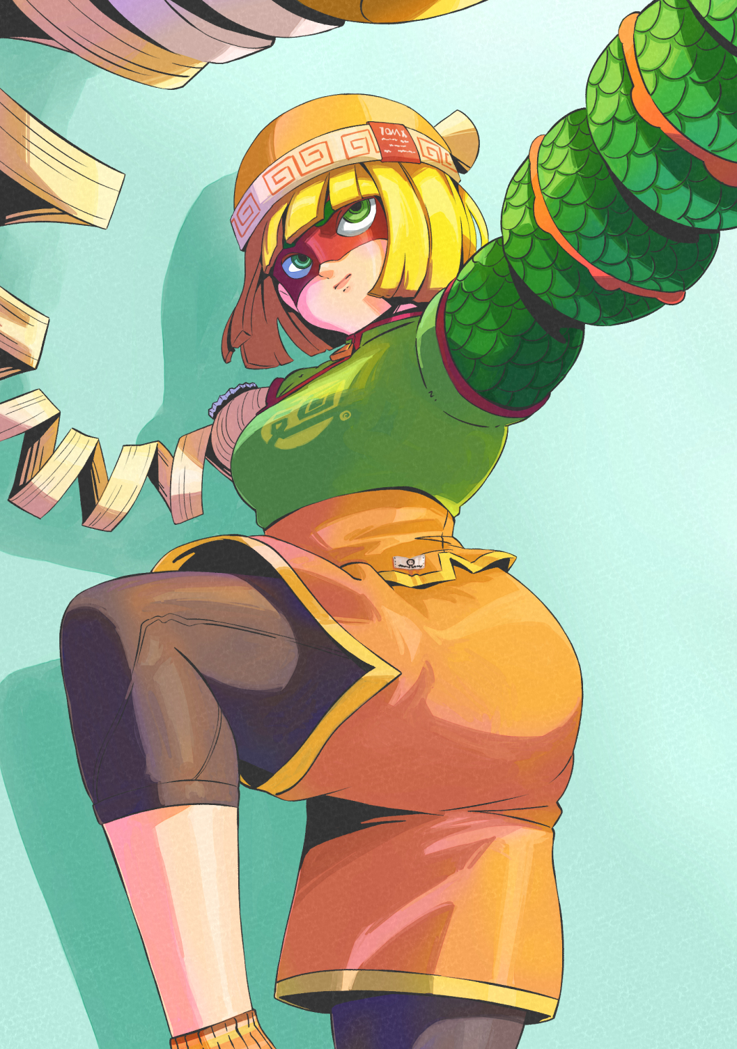 2020, arms_(game), bad_id, bad_pixiv_id, beanie, black_pantyhose, blonde_hair, bob_cut, breasts, commentary_request, cowboy_shot, domino_mask, eye_mask, eyebrows_visible_through_mask, female_focus, green_eyes, hat, highres, layered_clothes, looking_to_the_side, looking_up, mask, meandros, min_min_(arms), multicolored_hat, orange_hat, orange_shorts, pantyhose, remon99, shadow, shorts, simple_background, socks, solo, standing, standing_on_one_leg
