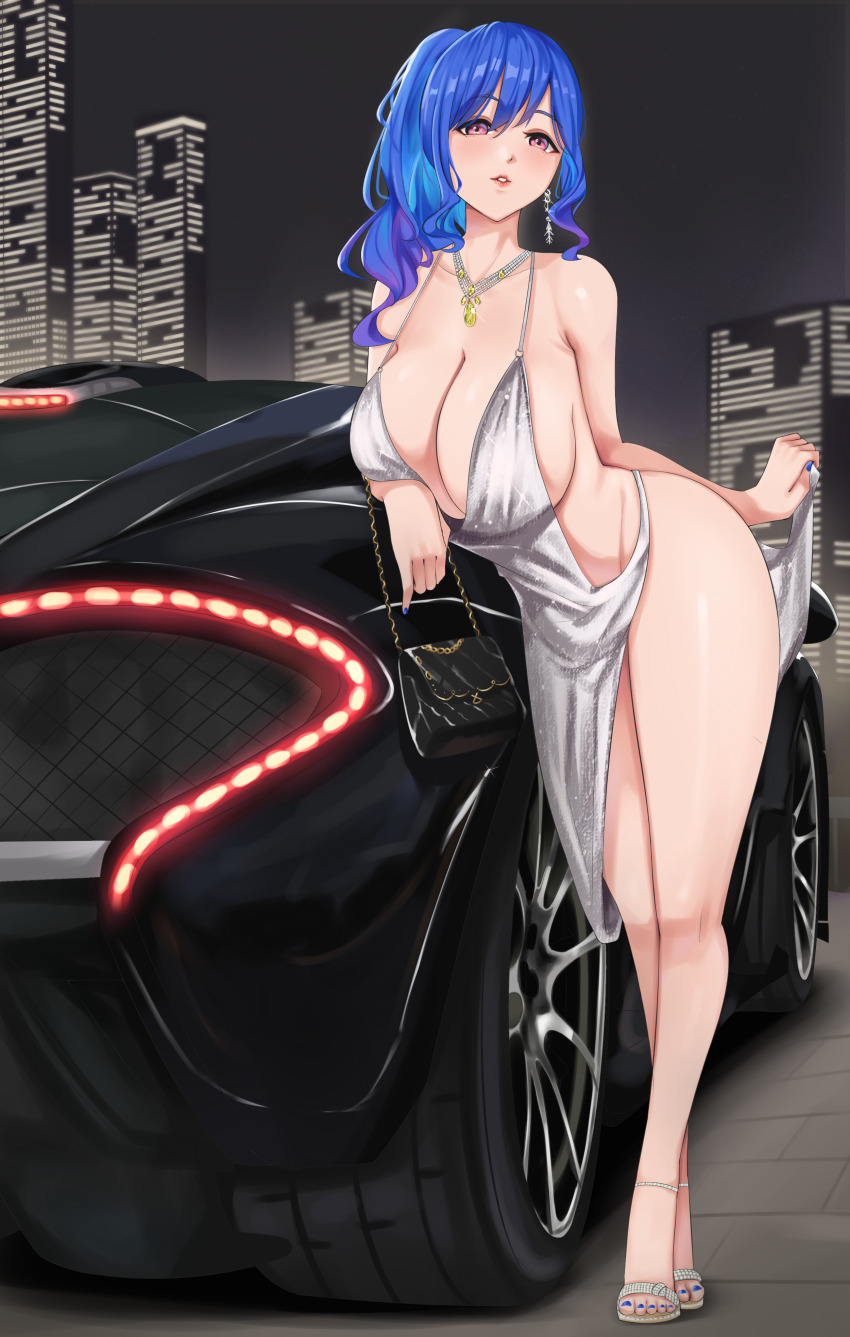 absurdres, artist_request, azur_lane, backless_dress, backless_outfit, bag, bare_shoulders, blue_hair, blue_nails, blue_toenails, bra, breasts, building, car, cityscape, cleavage, cromwellb, dress, earrings, facing_viewer, full_body, glitter_dress, grey_dress, hair_between_eyes, hair_ornament, hairclip, halter_dress, halterneck, handbag, high_heel_sandals, high_heels, highres, huge_breasts, jewelry, looking_at_viewer, mclaren, motor_vehicle, nail_polish, necklace, night, no_panties, outdoors, painttool_sai_(medium), parted_lips, pink_eyes, plunging_neckline, revealing_clothes, sandals, side_ponytail, sidelocks, silver_dress, silver_sandals, sky, skyscraper, solo, sports_car, st._louis_(azur_lane), st._louis_(luxurious_wheels)_(azur_lane), thighs, underwear