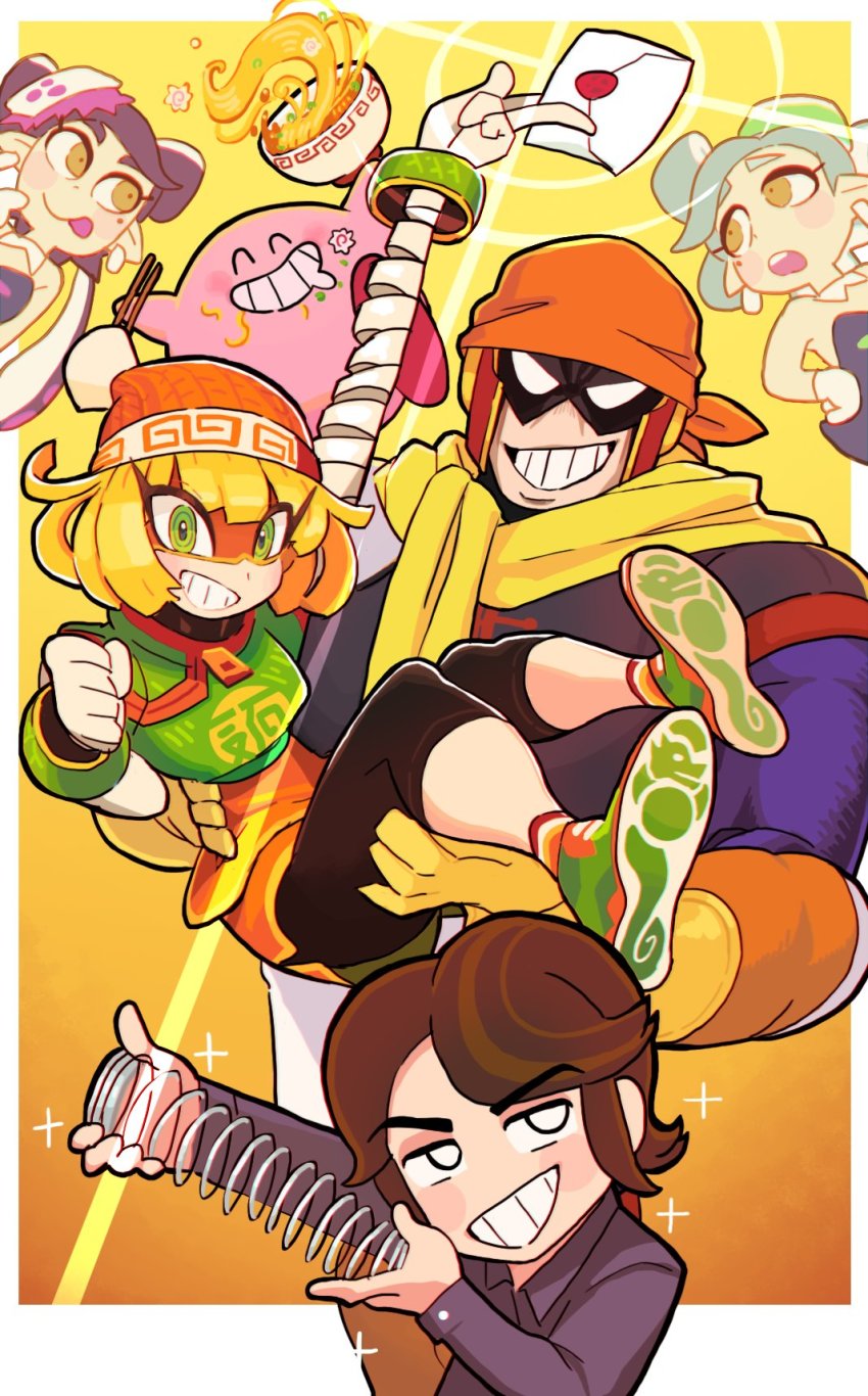 2boys, 3girls, :p, alternate_costume, arms_(game), bandana, beanie, blonde_hair