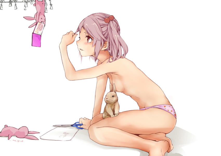 1girl, animal, barefoot, blush, breasts, bunny_censor, censored, censored_nipples, convenient_censoring, female_focus, food_print, fruit_print, hair_bobbles, hair_ornament, kantai_collection, panties, paper, pet, pink_eyes, pink_hair, pink_panties, rabbit, rizzl, sazanami_(kancolle), scissors, short_hair, simple_background, small_breasts, solo, strawberry_print, topless_female, twintails, underwear, underwear_only, white_background
