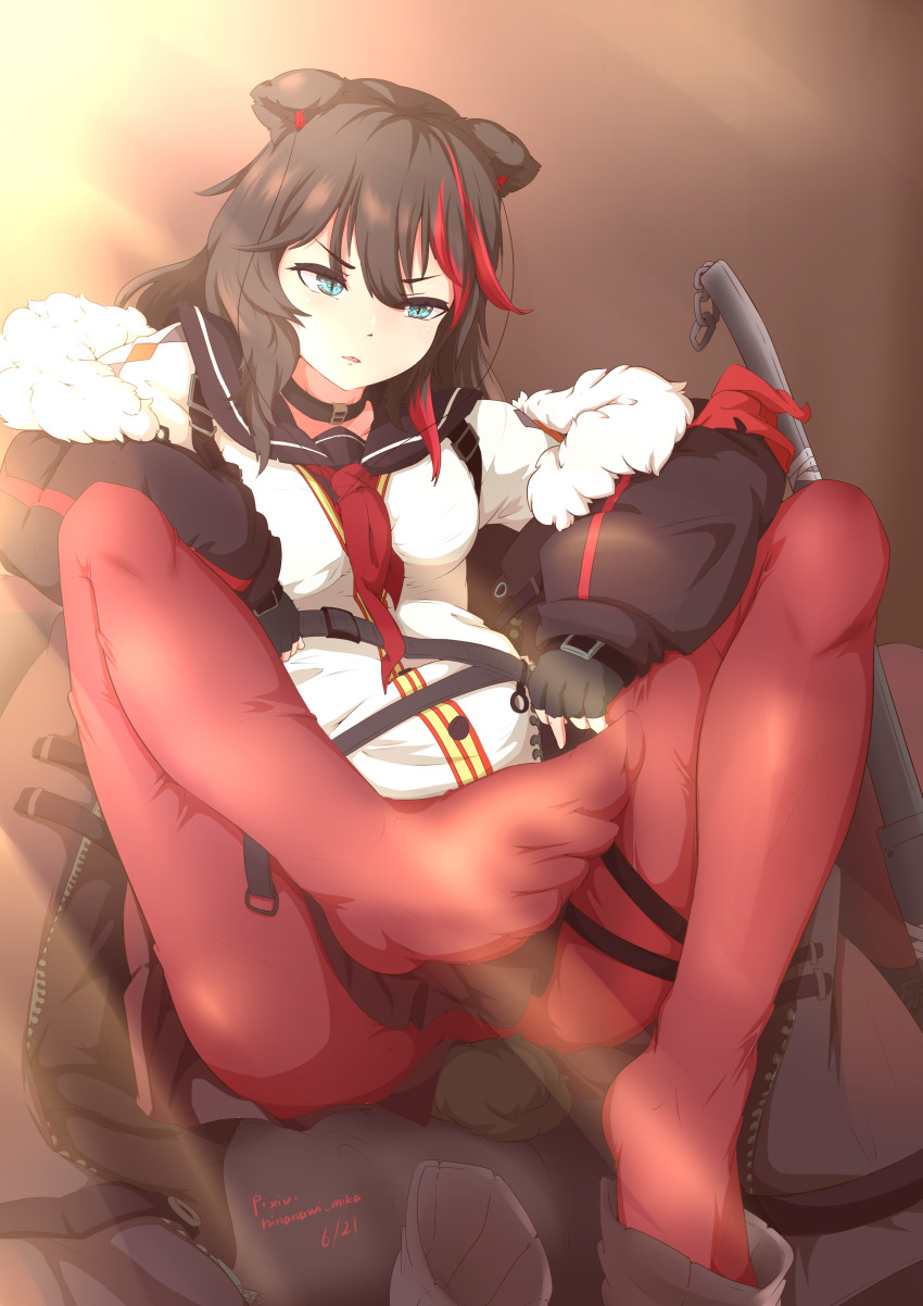 1girl, absurdres, animal_ears, arknights, axe, bear_ears, black_boots, black_choker