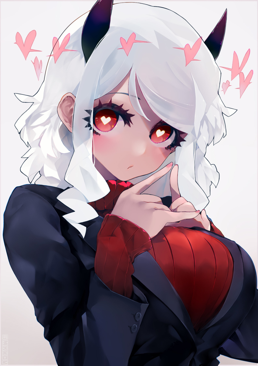 1girl, black_horns, black_jacket, black_suit, blush, breasts, closed_mouth, demon_girl, demon_horns, female_focus, formal_clothes, gradient_background, heart, heart-shaped_pupils, helltaker, highres, horns, jacket, large_breasts, long_sleeves, looking_at_viewer, modeus_(helltaker), red_eyes, red_sweater, ribbed_sweater, shirt, short_hair, solo, suit, susumu, sweater, symbol-shaped_pupils, turtleneck, white_hair, white_horns