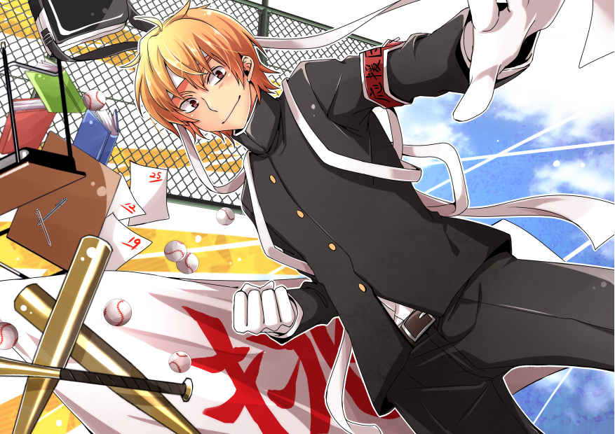1boy, armband, bag, banner, baseball, baseball_bat, belt, black_pants, blonde_hair, book, bookbag, brown_eyes, clenched_hand, desk, fence, gloves, hamada_yoshirou, headband, looking_at_viewer, male_focus, ookiku_furikabutte, ouendan, painttool_sai_(medium), pants, paper, ribbon, school_desk, solo, usaki_sora, white_gloves, white_headband, white_ribbon