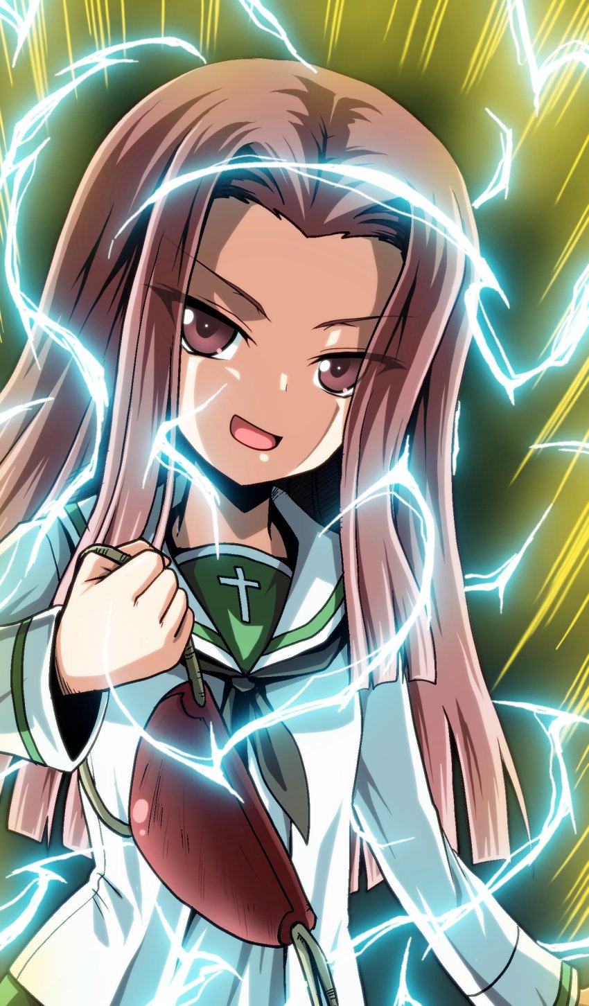 1girl, absurdres, aura, black_neckerchief, blouse, brown_eyes, brown_hair, commentary