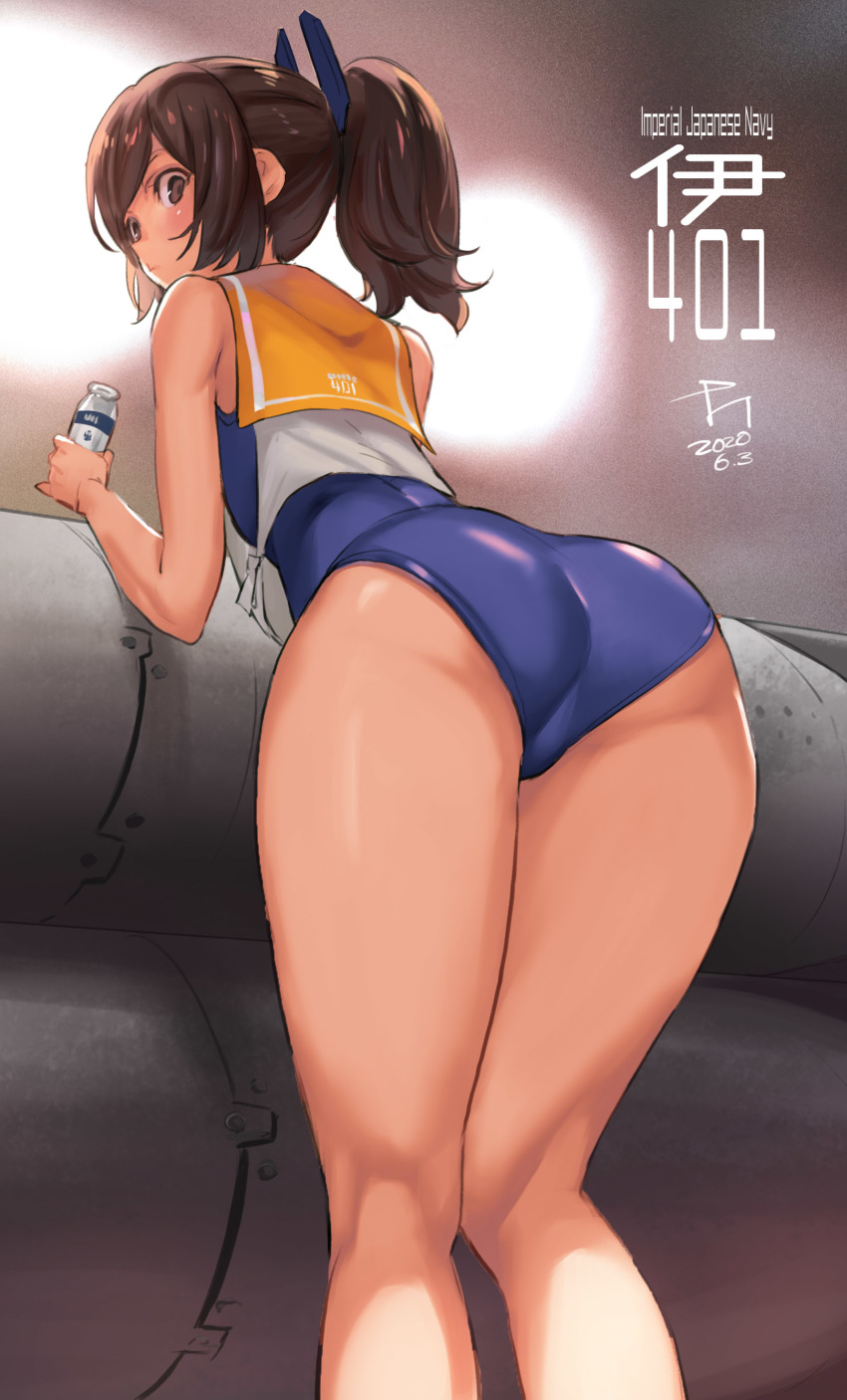 1girl, absurdres, ass, blue_one-piece_swimsuit, brown_eyes, brown_hair, character_name, closed_mouth