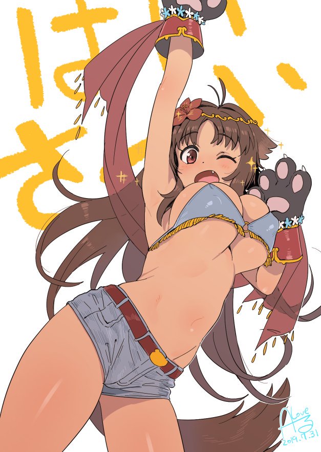1girl, animal_ears, animal_hands, bare_shoulders, blush, breasts, brown_hair, cleavage, dark-skinned_female, dark_skin, fang, female_focus, gloves, kaori_(princess_connect!), kaori_(summer)_(princess_connect!), large_breasts, long_hair, looking_at_viewer, navel, one_eye_closed, open_mouth, princess_connect!, rkrk, see-through_clothes, see-through_shawl, shawl, shorts, simple_background, smile, solo, tail, tan, underboob, white_background